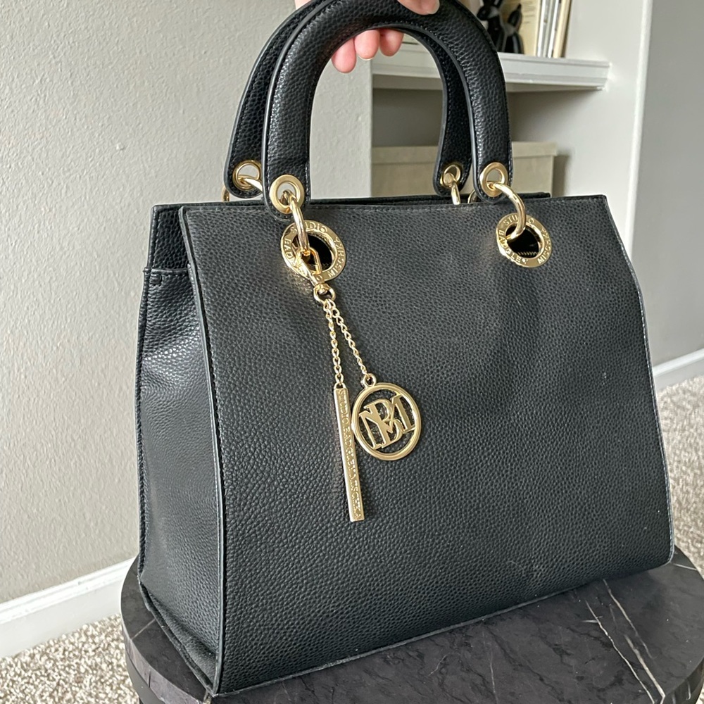 Black Faux-Leather Badgley Mischka Purse/Tote Bag with Gold Hardware